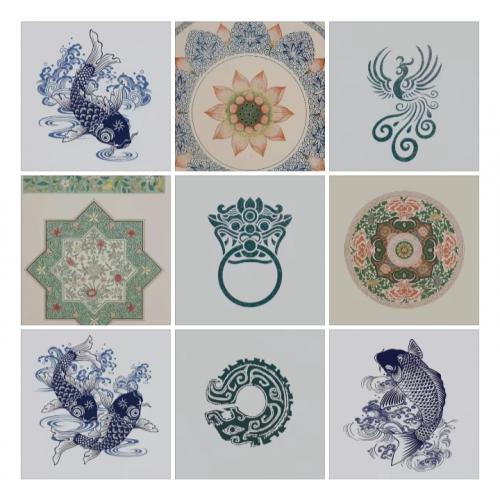 中国传统纹饰，青花瓷色与荷花纹